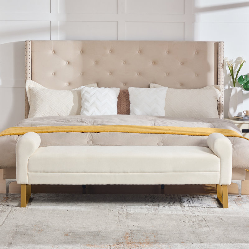 Banc en chenille avec pieds et accoudoirs en métal, Beige