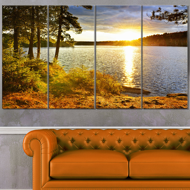 Sunset Over Lake Landscape Canvas Print in 4 Panels