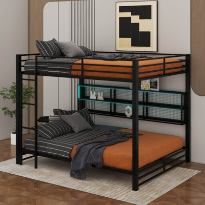 Metal Queen Over Queen Bunk Bed With Storage Cabinets And LED