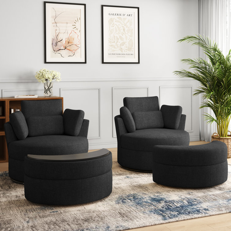 Chenille Upholstered Swivel Barrel Chair with Ottoman (Set of 2)
