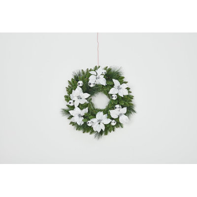 Couronne de Noël artificielle pré-éclairée 24 pouces avec lumières DEL blanc chaud, pommes de pin givrées et branches pour la décoration de la porte d'entrée, décorations de fêtes intérieures et extérieures