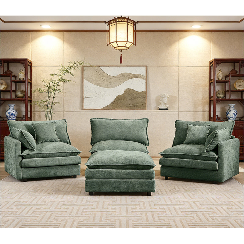 3-Seater Comfy Cloud Couches With Movable Ottoman, Mint Green