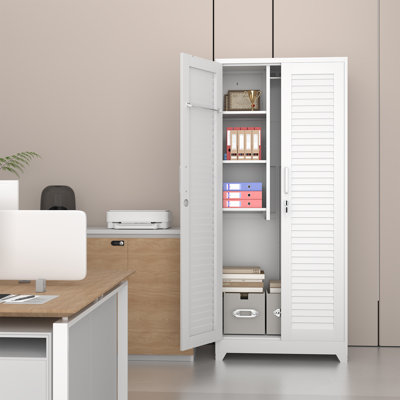 White 70.8-Inch Metal Broom Closet with Locking Doors, Shelves, Hanging Rod and Hooks