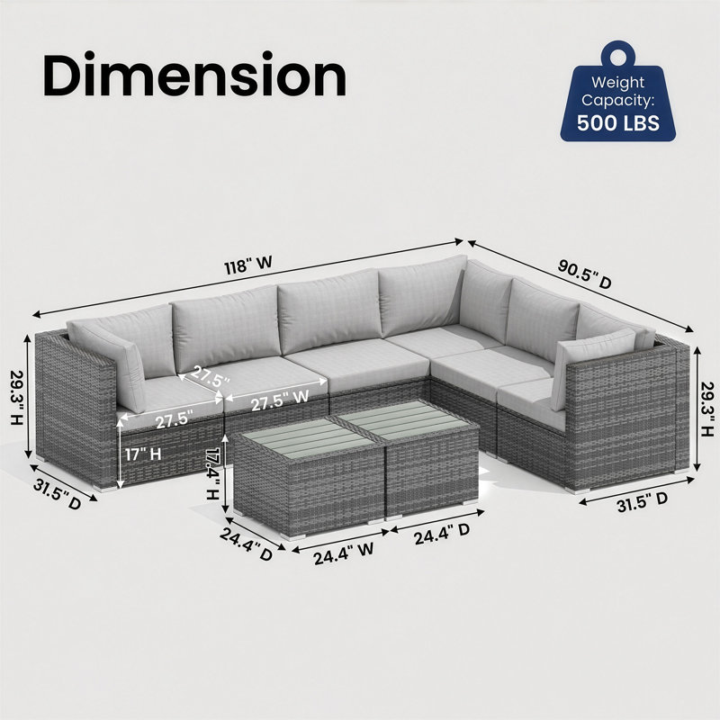 7-Piece Outdoor Rattan Sectional Conversation Set With Tables, Modular Patio Furniture Set With Cushio, Gray/Light Gray, No