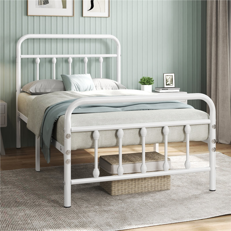 Metal Bed Frame with Vintage Headboard, White, Single (3')