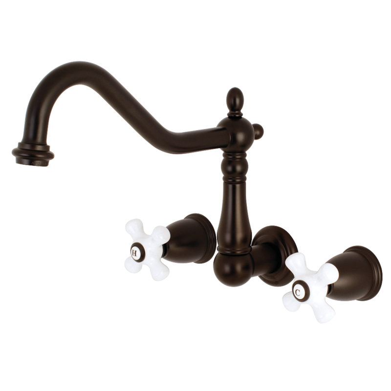 Kingston Brass Heritage Double-Handle 3-Hole Wall-Mount Kitchen Faucet, Oil Rubbed Bronze