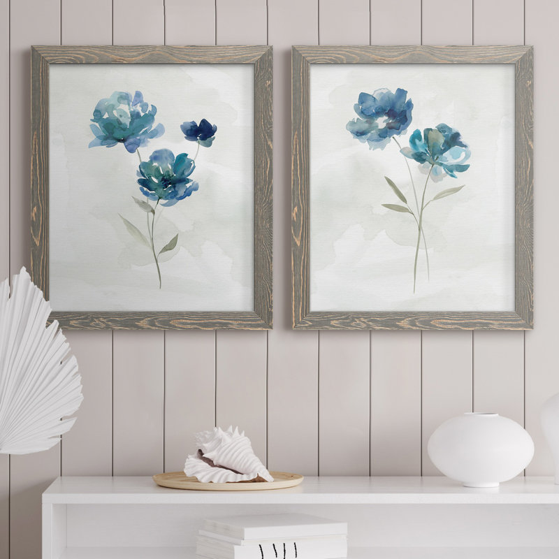 «Blue Botanical I», ensemble de 2 reproductions d'art, H 24 po x l 36 po x P 1,5 po, Toile avec cadre gris, Pas de tapis