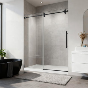 Porte de douche coulissante simple L 81 po x l 43 po x H 5,71 po avec verre trempé de 10 mm, 1 panneau fixe et 1 panneau mobile, rail en acier inoxydable, finition chromée