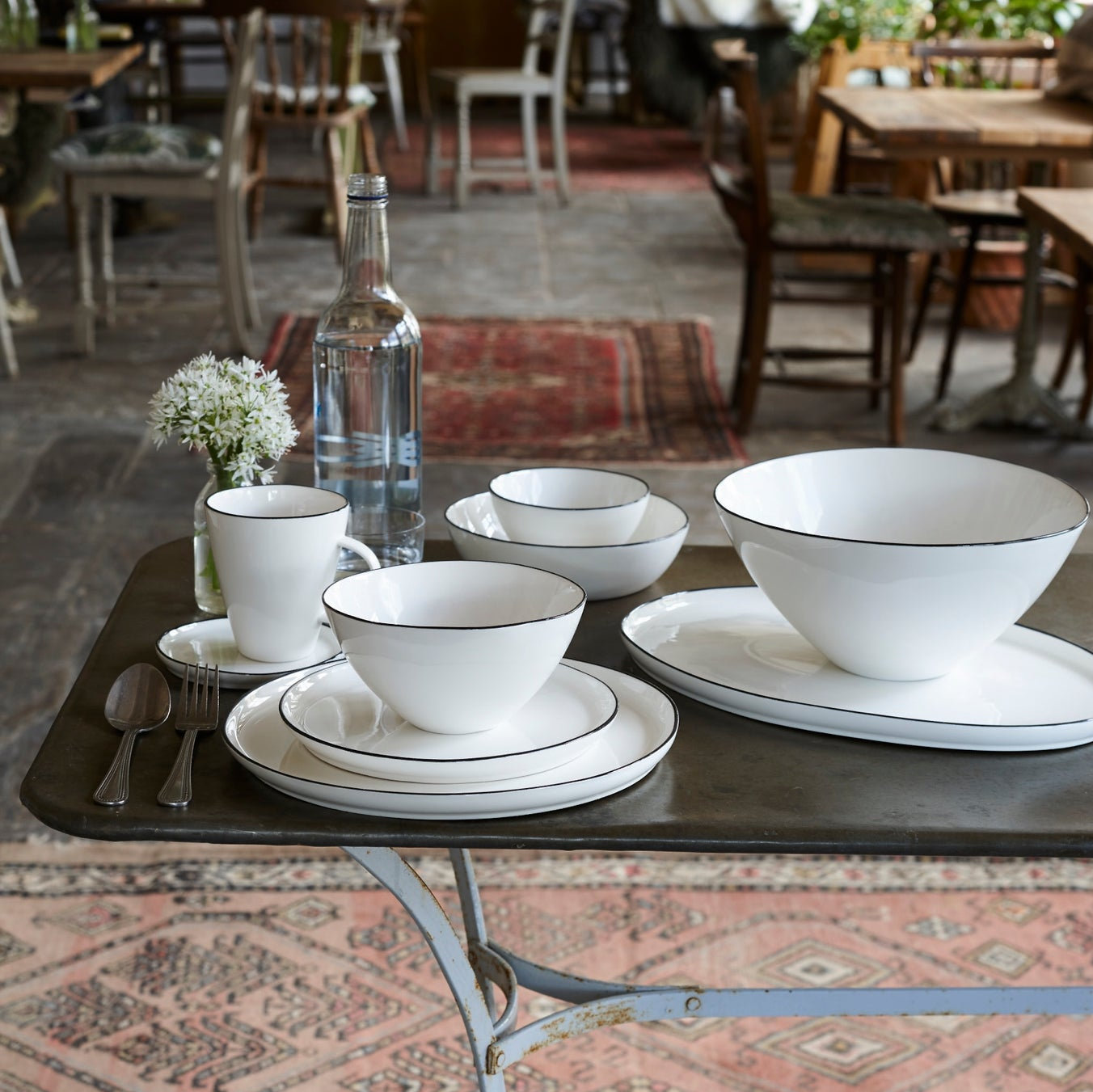 Abbesses Porcelain Dinnerware Set, White/Black