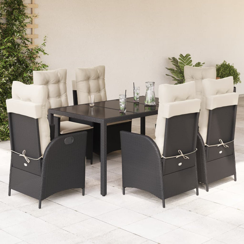 Dakota Fields 7 Piece Patio Dining Set With Cushions Gray Poly Rattan, 29.5" H x 35.4" L x 59.1" W, Black/White