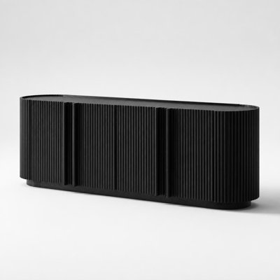 Meuble télé de style années 50, aspect bois veiné, avec portes cannelées à tambour, pour téléviseurs jusqu'à 70 pouces. Console multimédia de style campagnard avec étagères réglables et rangement dissimulé. Meuble télé aux bords arrondis avec gestion des câbles.