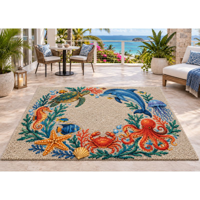 Tapis d'extérieur 152 x 213 cm (5' x 7') motif tortue de mer, dauphin et pieuvre. Tapis épais, imperméable, en PVC bouclé, résistant et à séchage rapide, idéal pour une entrée ou une terrasse.