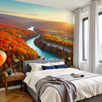 Papier peint pelez et collez, paysage d'automne coloré, montgolfière, rivière, rivière, peintures murales, H 100 po x l 144 po, papier peint amovible en PVC, peinture murale auto-adhésive, décoration pour le salon de la chambre à coucher