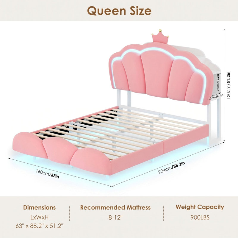 Floating Cloud Crown Velvet Bed with Headboard Storage, LED Light & Built-in Charging Outlet, Queen, Pink