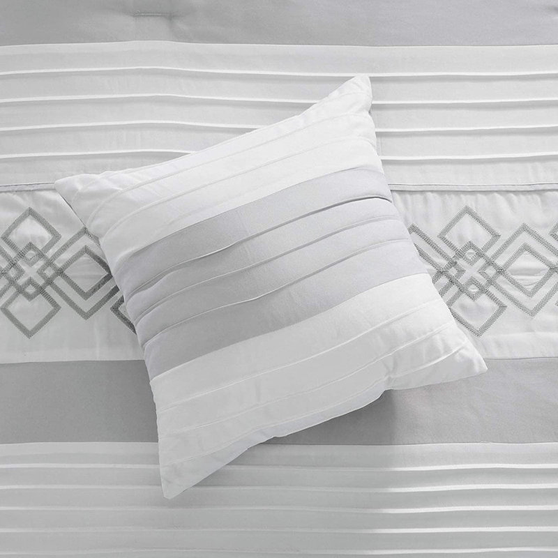 7-Piece Bohemian Embroidery Pleated Stripe Comforter Set , Gray, King Comforter + 6 Additional Pieces