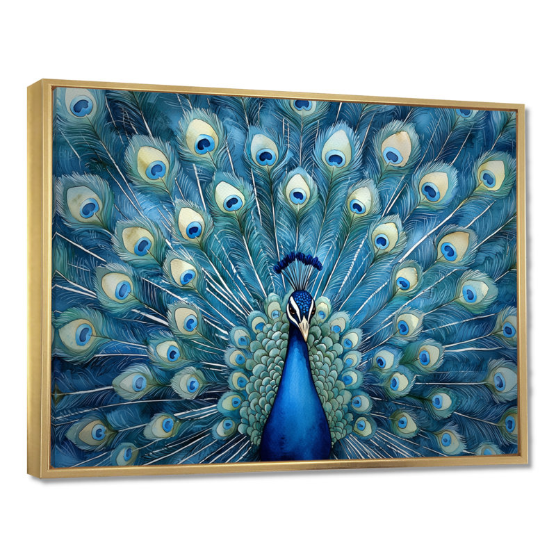 Royal Peacock Feather présent II - paon, art mural, H 34 po x l 44 po, Cadre flottant, Doré