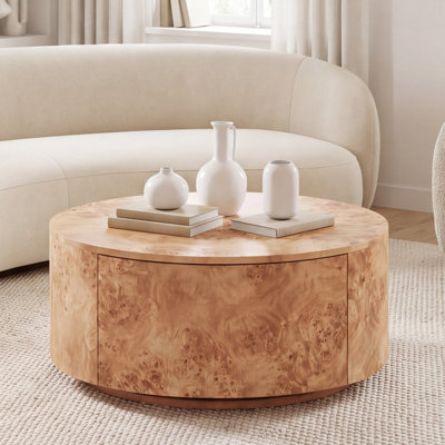 Table basse ronde en bois de ronce avec deux tiroirs cachés et base pivotante