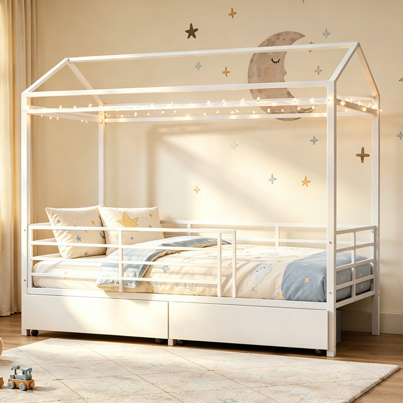 Lit cabane pour enfants avec rangement, lit simple à structure en acier, blanc moderne pour chambre familiale