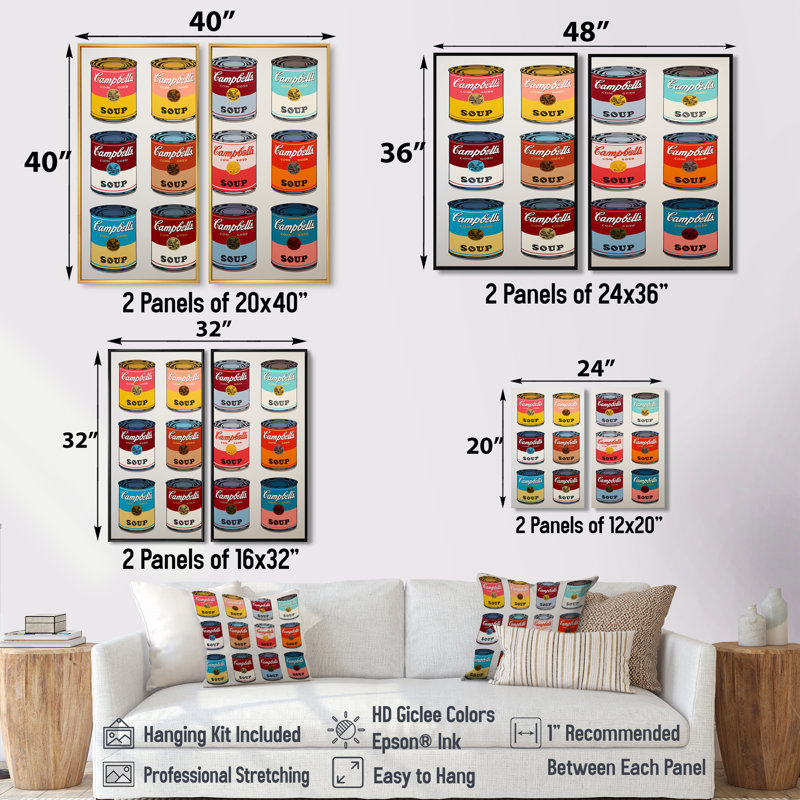 Pop Art Soup Collage III - Large Milk Art Prints On Canvas 2-Pieces, Black, 36" H x 48" W, Floater Framed Print