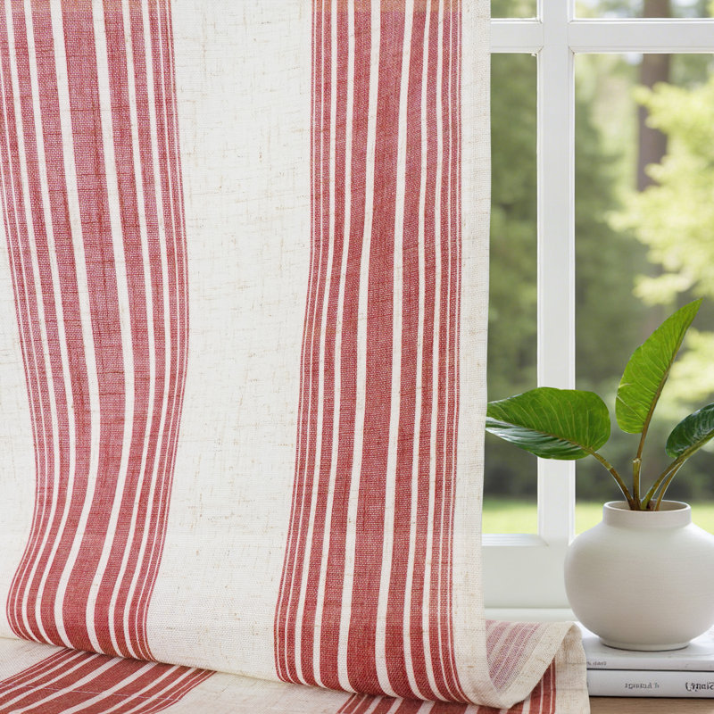 Rideaux semi-transparents en lin avec motif à rayures Chris, Rouge, L 52 po x L 108 po