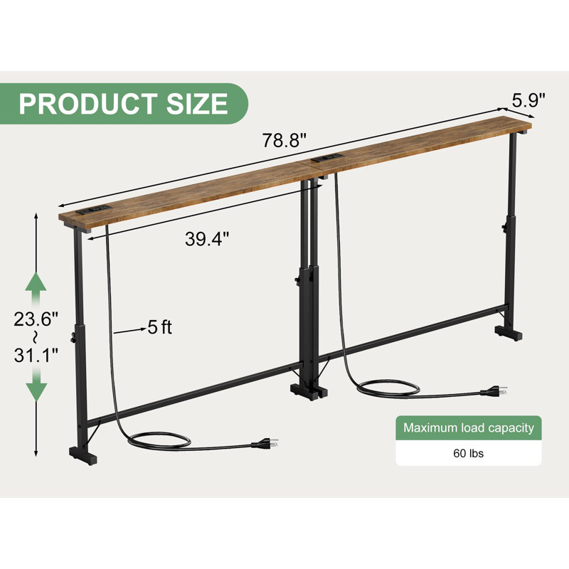 Ensemble de 2 tables basses de 79 po avec console étroite à hauteur réglable et 2 prises de courant pour le couloir, Brun