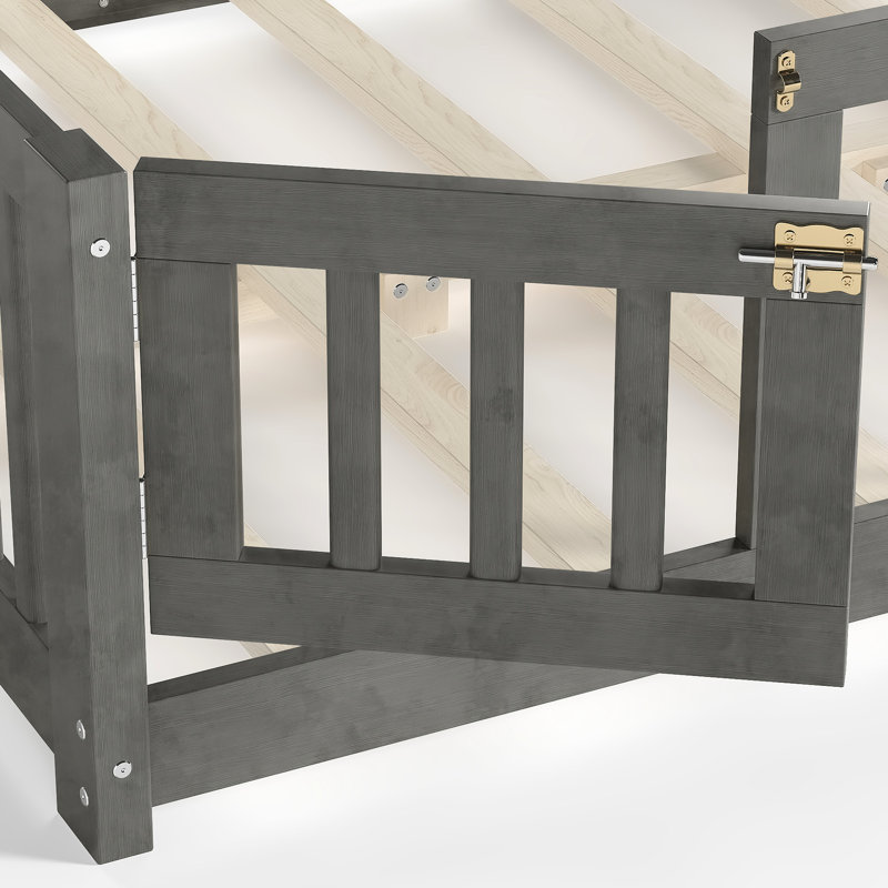 Lit double pleine grandeur avec garde-corps, porte à interrupteur et gris grain de bois pour un sommeil confortable et sécuritaire en lattes grises amovibles