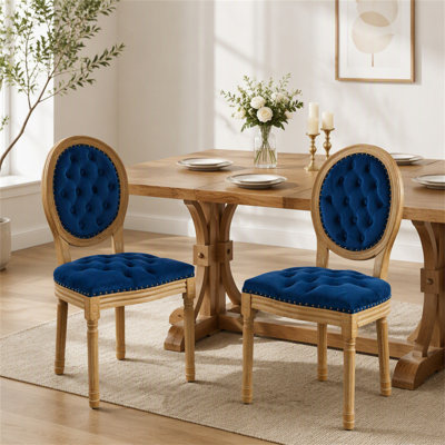 Chaise de salle à manger en velours et similicuir avec garniture cloutée, cadre en bois massif de style français, peinture antique, décor à boucle tirée à la main, pieds en bois, ressorts en acier, lot de 2
