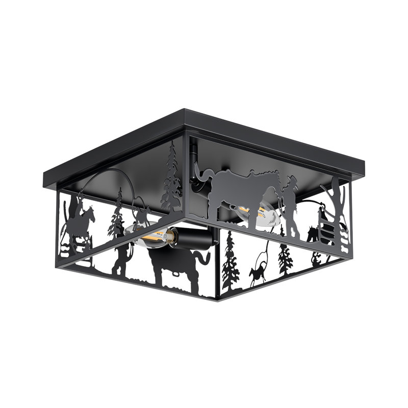 Plafonnier semi-encastré rustique noir 11,2 po à 2 lumières avec abat-jour carré Cowboy Horse, Noir mat