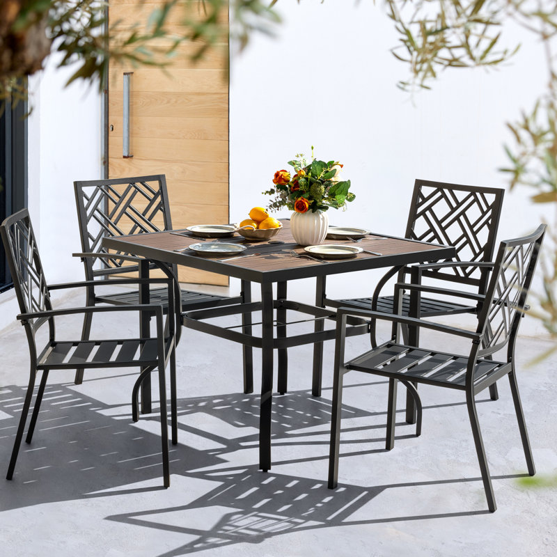 5pcs Patio Dining Set With Umbrella Hole, Faux Wood Top, Stackable Design