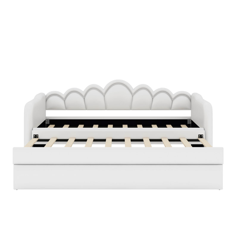 Velvet Upholstery Daybed With Trundle & LED Light, Trundle Can Be Flat Or Erected, White