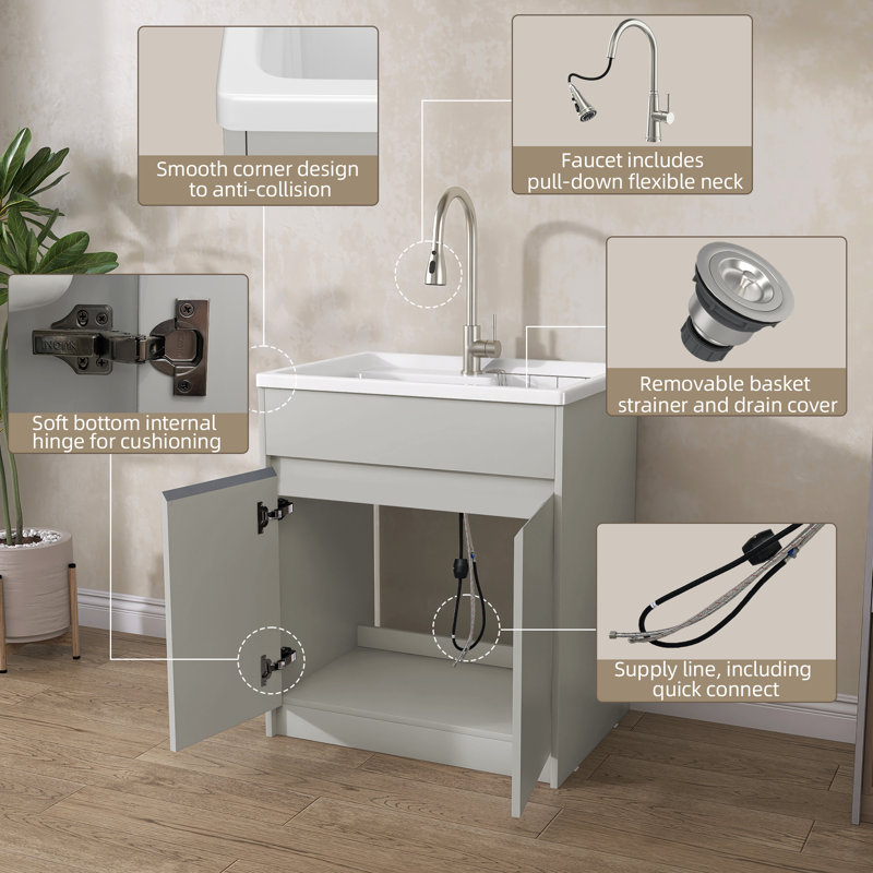 Freestanding 30'' Light Grey Laundry Sink Cabinet with Hot & Cold Water Faucet Drop-in Solid Surface Utility Sink