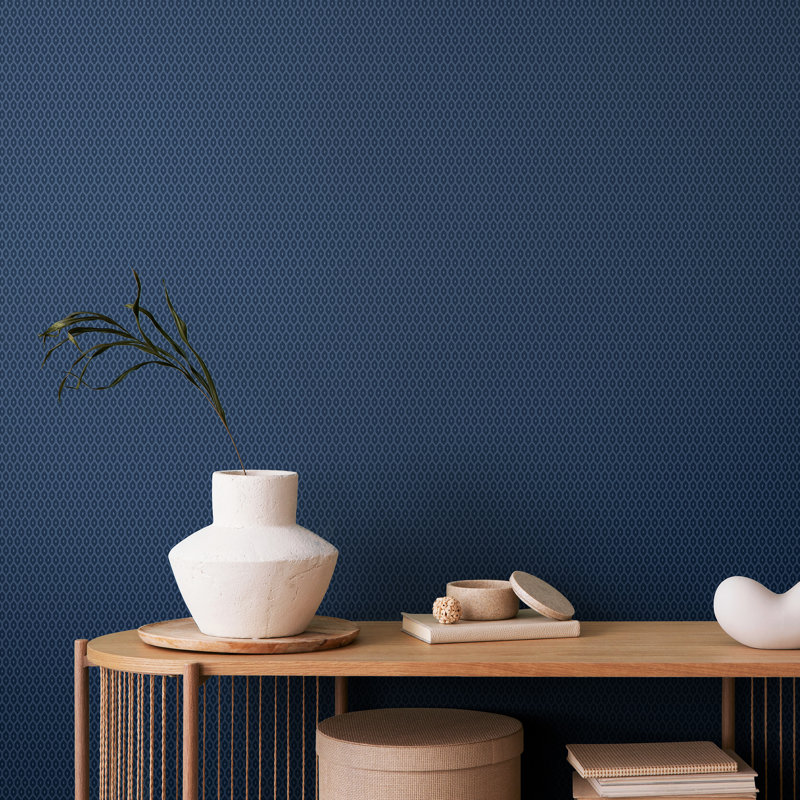 Tiny Ogee - Charcoal 10m Wallpaper, Blue Geometric
