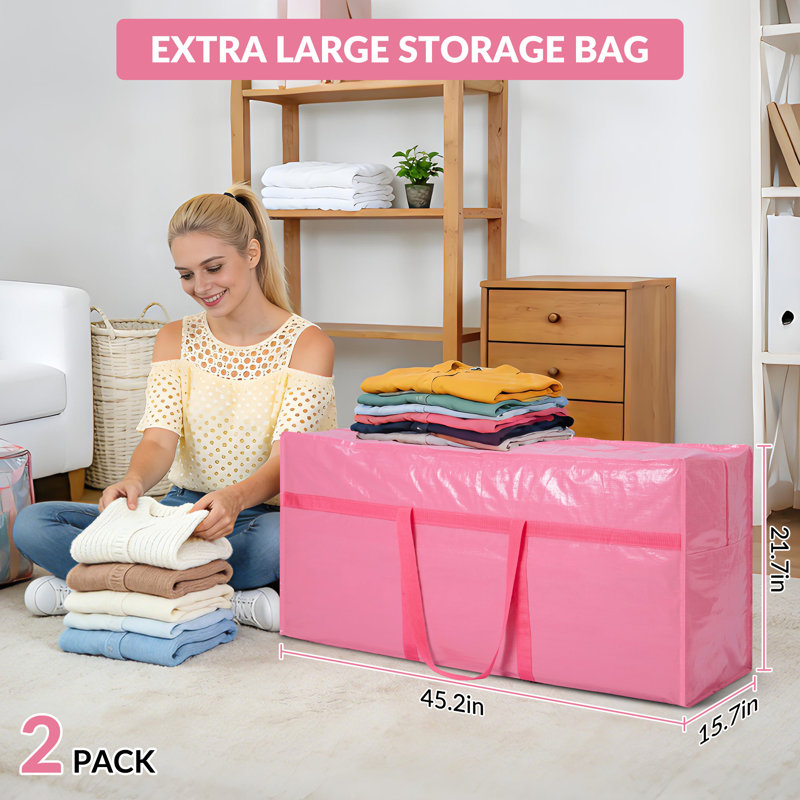 Extra Large Moving Bags 2 Pack, 45.2 x 15.7 x 21.7 Inch Heavy Duty PE Storage Bags with Reinforced Handles and Zipper, Pink