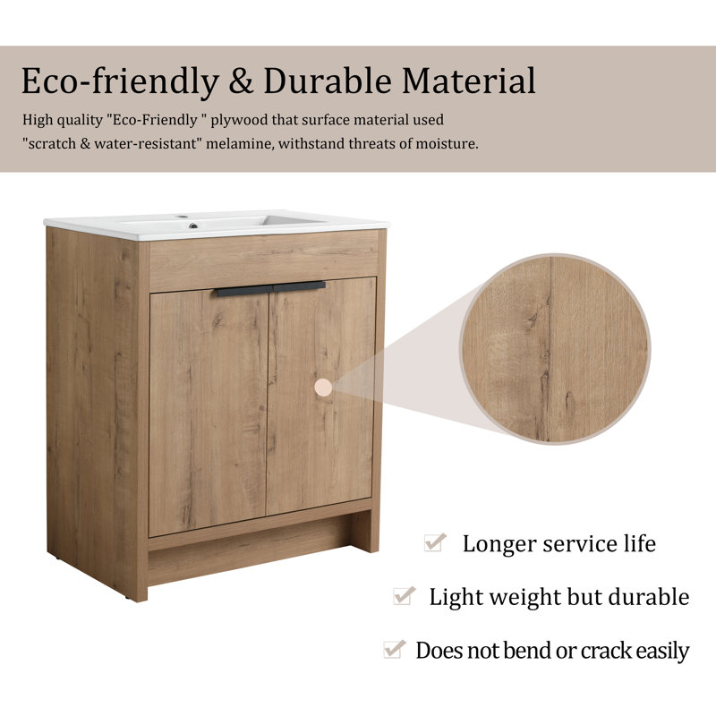 Oshea 30'' Single Bathroom Vanity with Ceramic Top, Imitative Oak