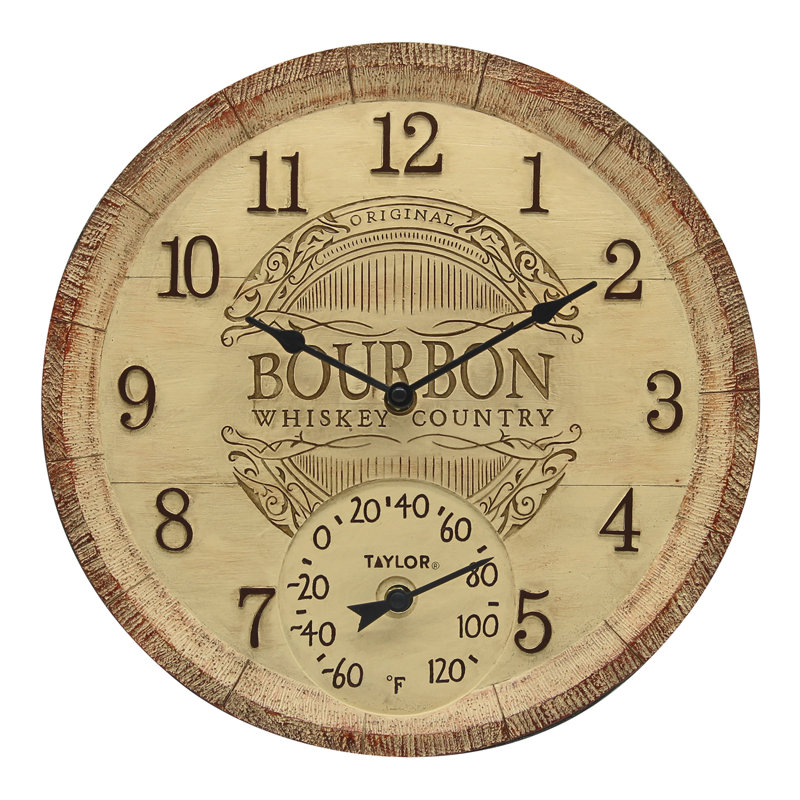 Taylor Bourbon Barrel Poly Resin Clock and Thermometer, 14 Inch, Multi-Color