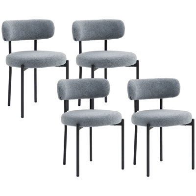 Boucle Dining Chairs Set of 4, Round Modern Upholstered Kitchen Chairs with Curved Backrest, Thick Cushion and Steel Legs for Dining Room, Gray