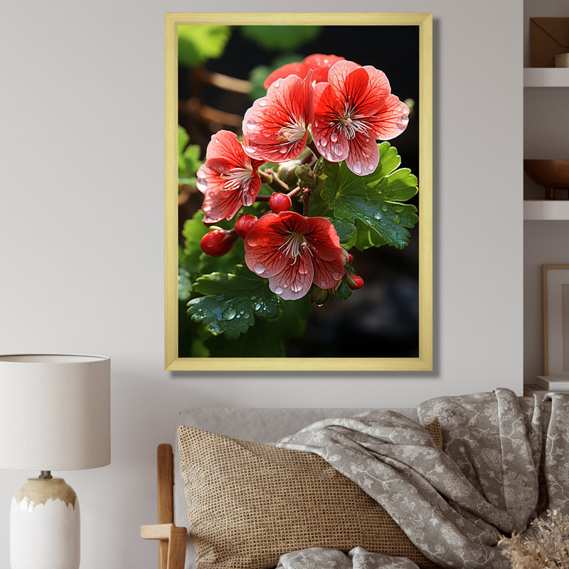 Geraniums roses sous le soleil - géraniums, art mural, Cadre flottant doré, H 20 po x l 12 po x P 1 po