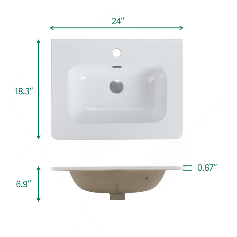 Lavabo intégré en céramique blanche brillante, bonde et robinet non inclus