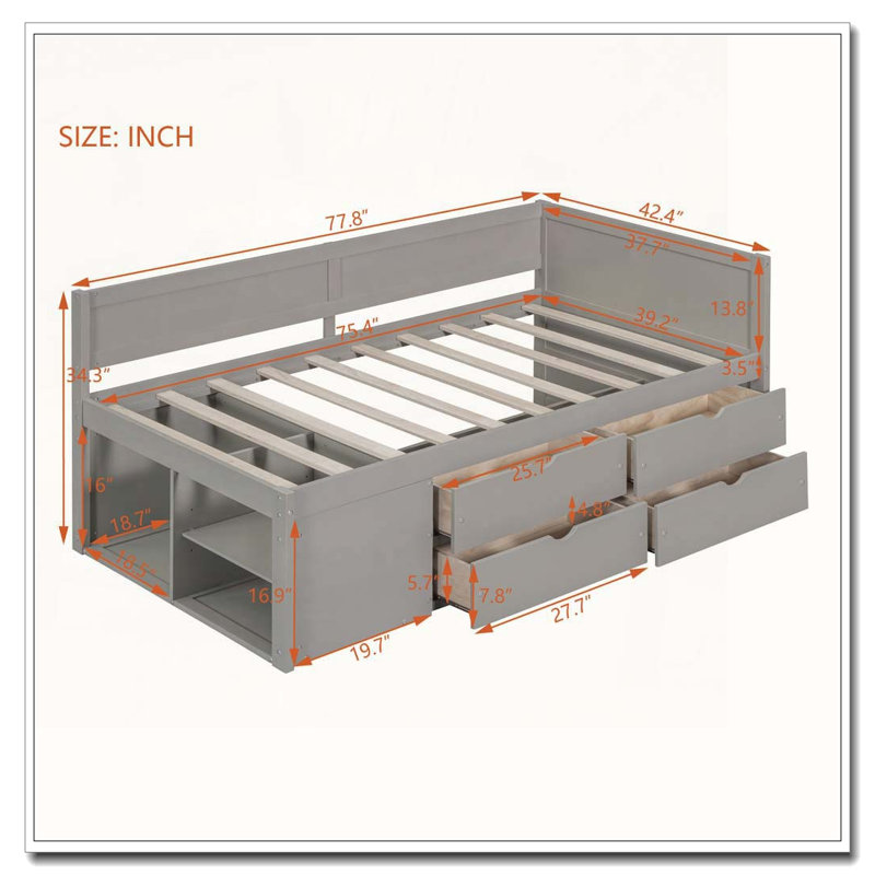 Lit de jour simple avec tiroirs et tablettes, gris