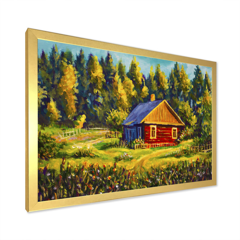 Red Red Village House - reproduction de cadre flottant sur toile, Cadre doré, H 16 po x l 32 po x P 1 po