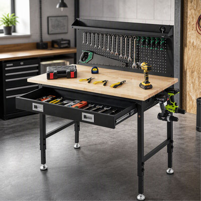 Workbench Adjustable Height 28-39.5" Work Bench For Garage Oak Plank & Carbon Steel Heavy Duty Workbench 2000lbs Weight Capacity Bench top Size 48x24" Hardwood Workbench 3m Cable 30 Hooks