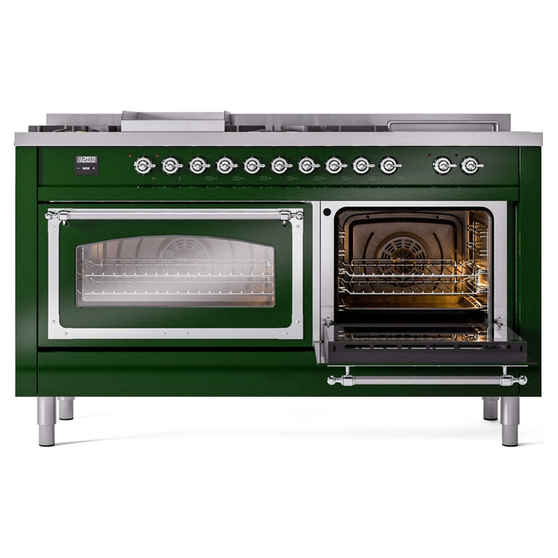 ILVE Nostalgie II Noblesse 60 in Dual Fuel Range 7 Burner, Griddle, Frenchtop, Liquid Propane, Emerald Green/Chrome