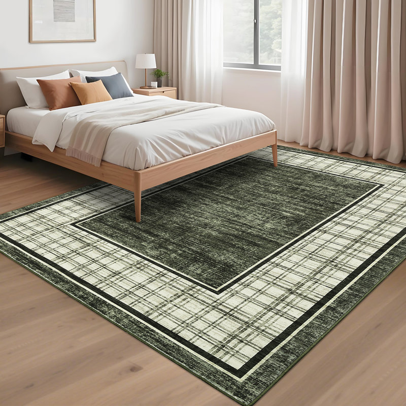 Modern Plaid Machine Washable Rug with Non-Slip Backing, Foldable Low Pile Floor Cover, Contemporary Bordered Indoor Mat for Bedroom, Living Room