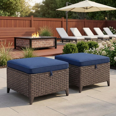 22.8" Outdoor PE Wicker Ottomans Set of 2, Patio Brown Rattan Footrests with Blue Cushions, Patio Furniture Set for Porch, Deck, Balcony, Backyard