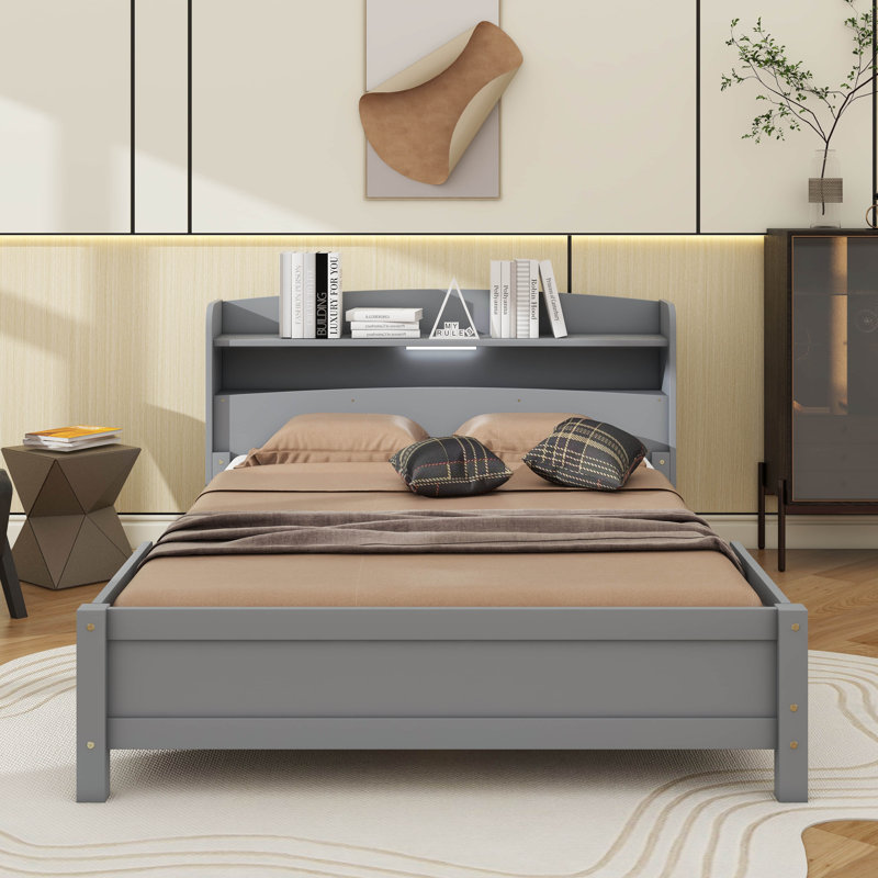 Lit plateforme avec tête de lit bibliothèque et capteur, Grey, Double