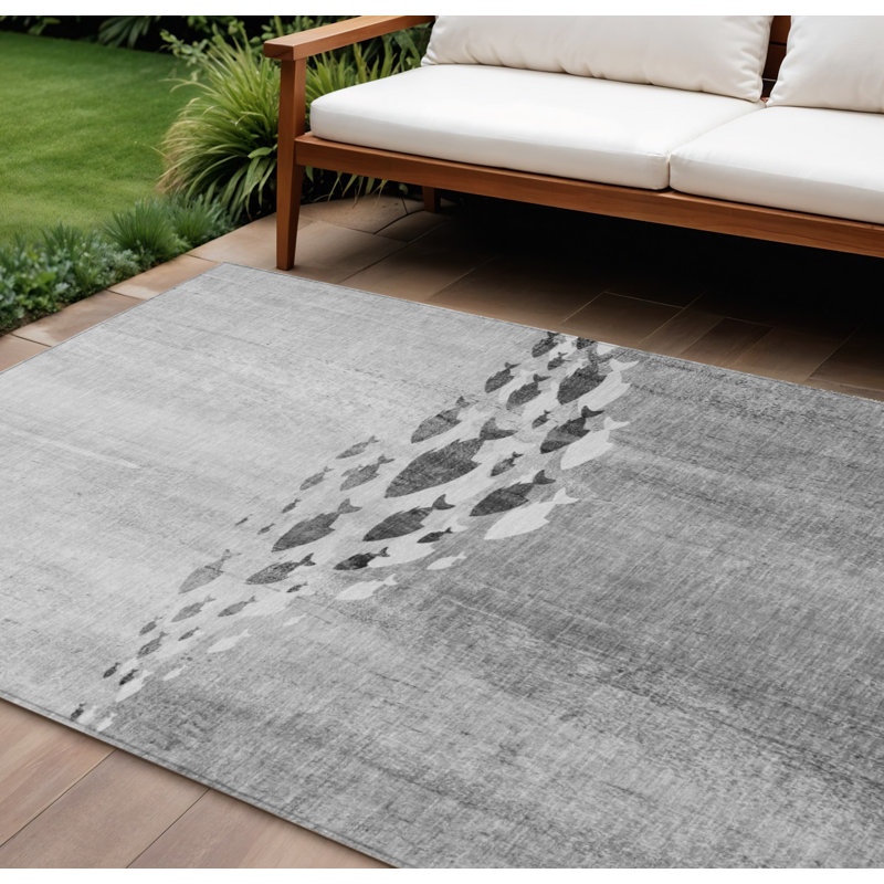 8' X 10' Grey Silver And Charcoal Nautical Washable Indoor Outdoor Area Rug