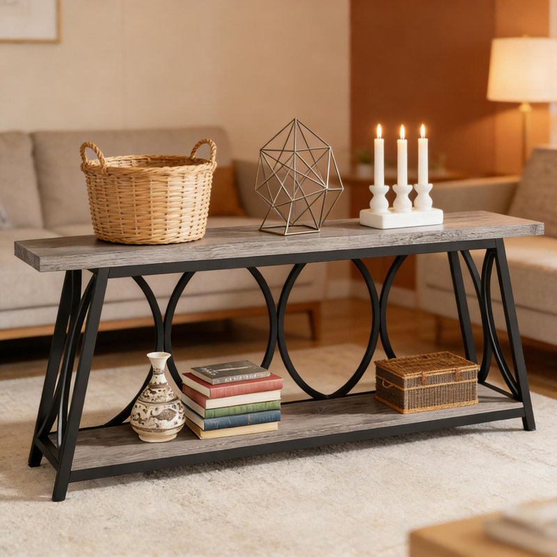 2-Tier Hall Table,Vintage Console Table,Sturdy Sofa Table,Side Table, Gray