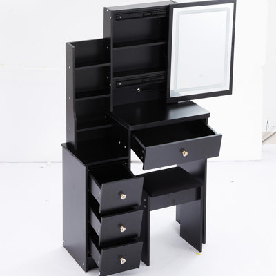 Table de coiffeuse de petite taille avec miroir à DEL réglable, luminosité réglable, tabouret rembourré, noir, tabouret de chambre à coucher à optimisation d'espace et glissement de trois couleurs et réglage de la luminosité, noir