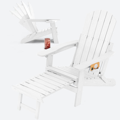 Plastic Adjustable Adirondack Chair with Footrest Outdoor HIPS Folding Adirondack Chair with Retractable Ottoman, 2 Cup Holder for Patio, Lawn, Pool, Garden, White