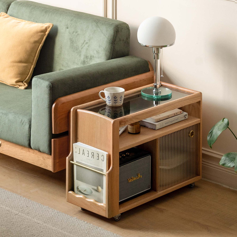 27.9"W Solid Oak Modern Moible End Table with Fluted Glass Doors, Wheels, Oak